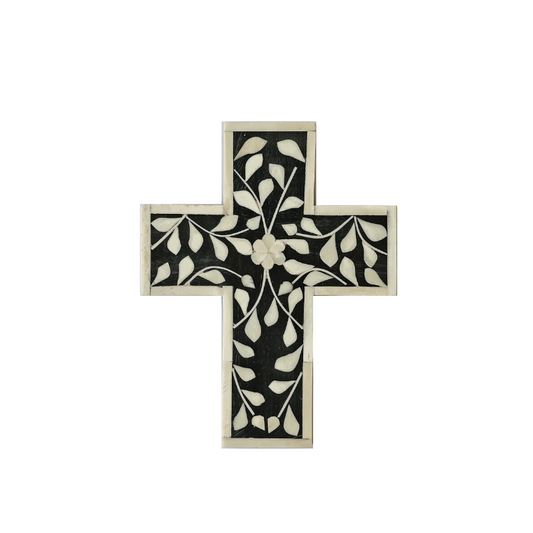 Bone Inlay Small Cross : Floral : Black