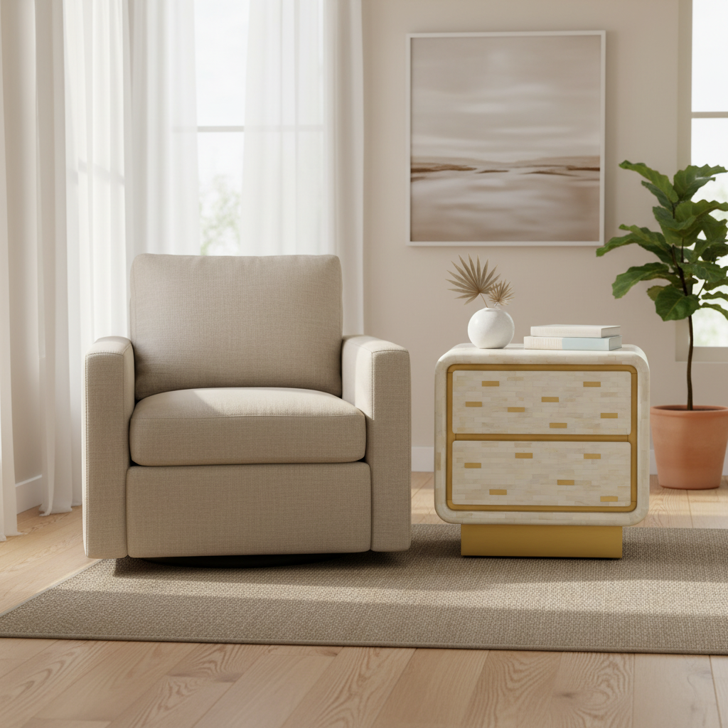 Bone Inlay 2 Drawer Bedside Table : Brickwork with Brass Accent : White