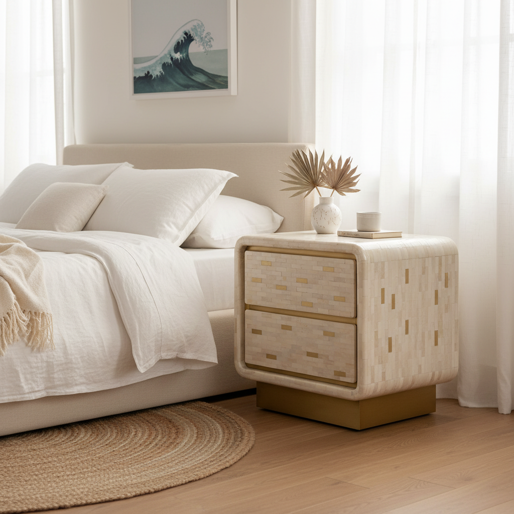 Bone Inlay 2 Drawer Bedside Table : Brickwork with Brass Accent : White