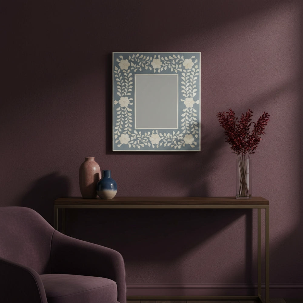 Bone Inlay Square Wall Mirror : Floral : Grey
