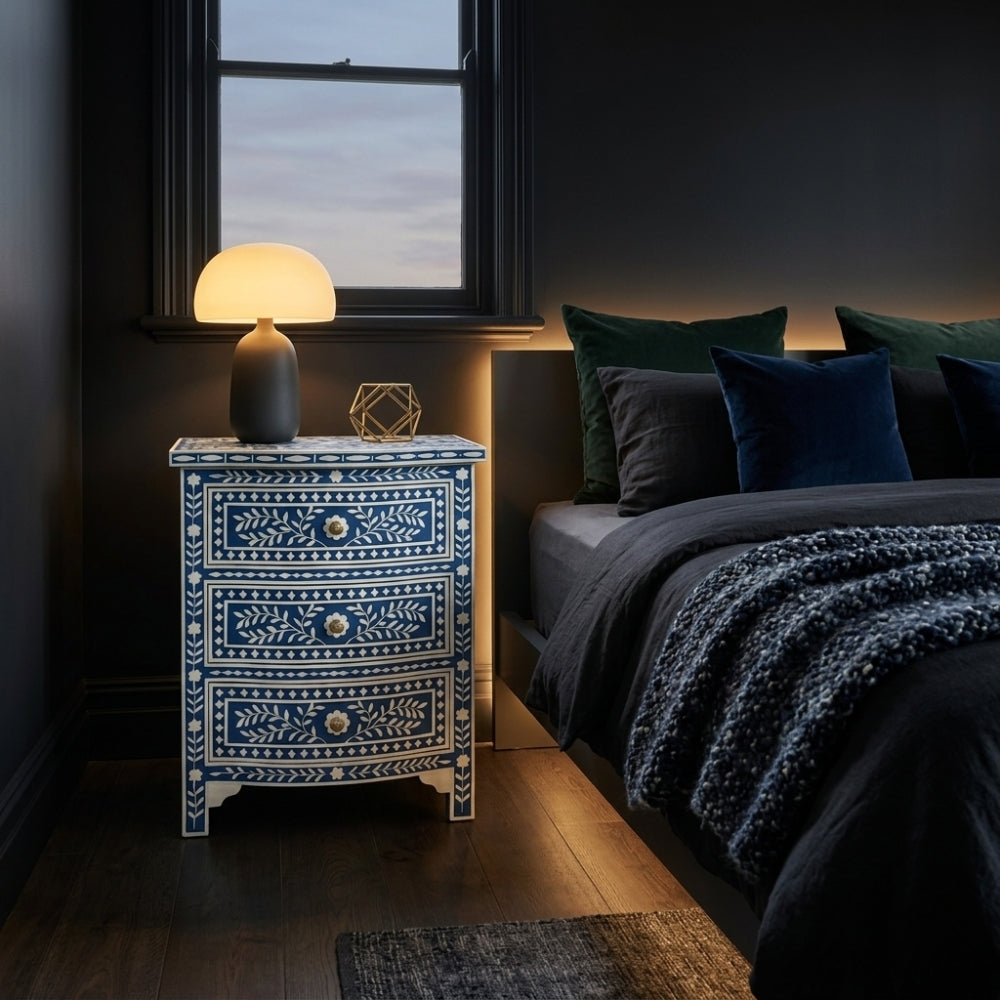 Bone Inlay 3 Drawer Bedside Chest : Fern : Marine Blue