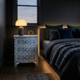Bone Inlay 3 Drawer Bedside Chest : Fern : Marine Blue