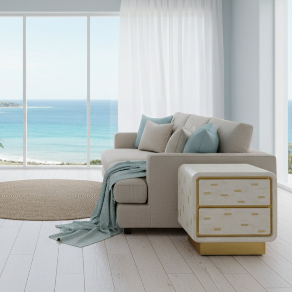 Bone Inlay 2 Drawer Bedside Table : Brickwork with Brass Accent : White