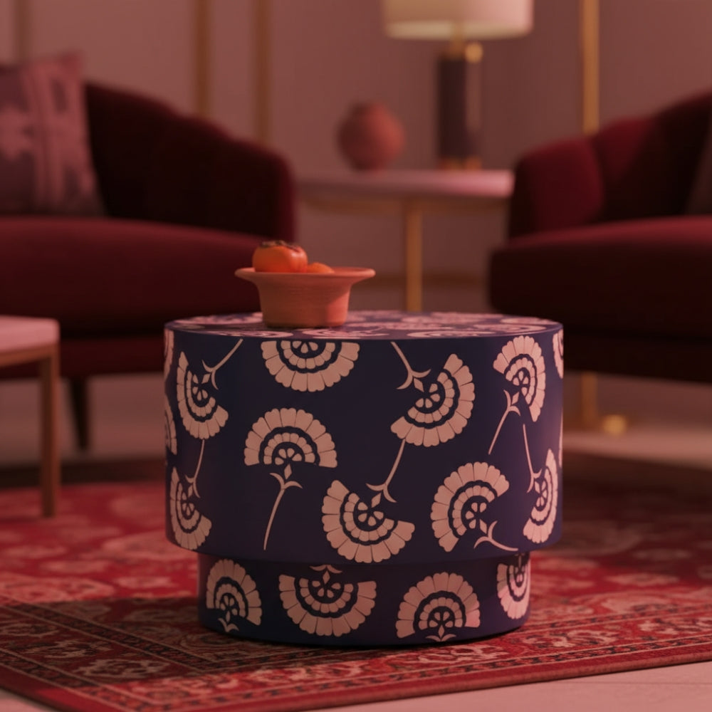 Bone Inlay Round Side Table : Fantail : Navy Blue