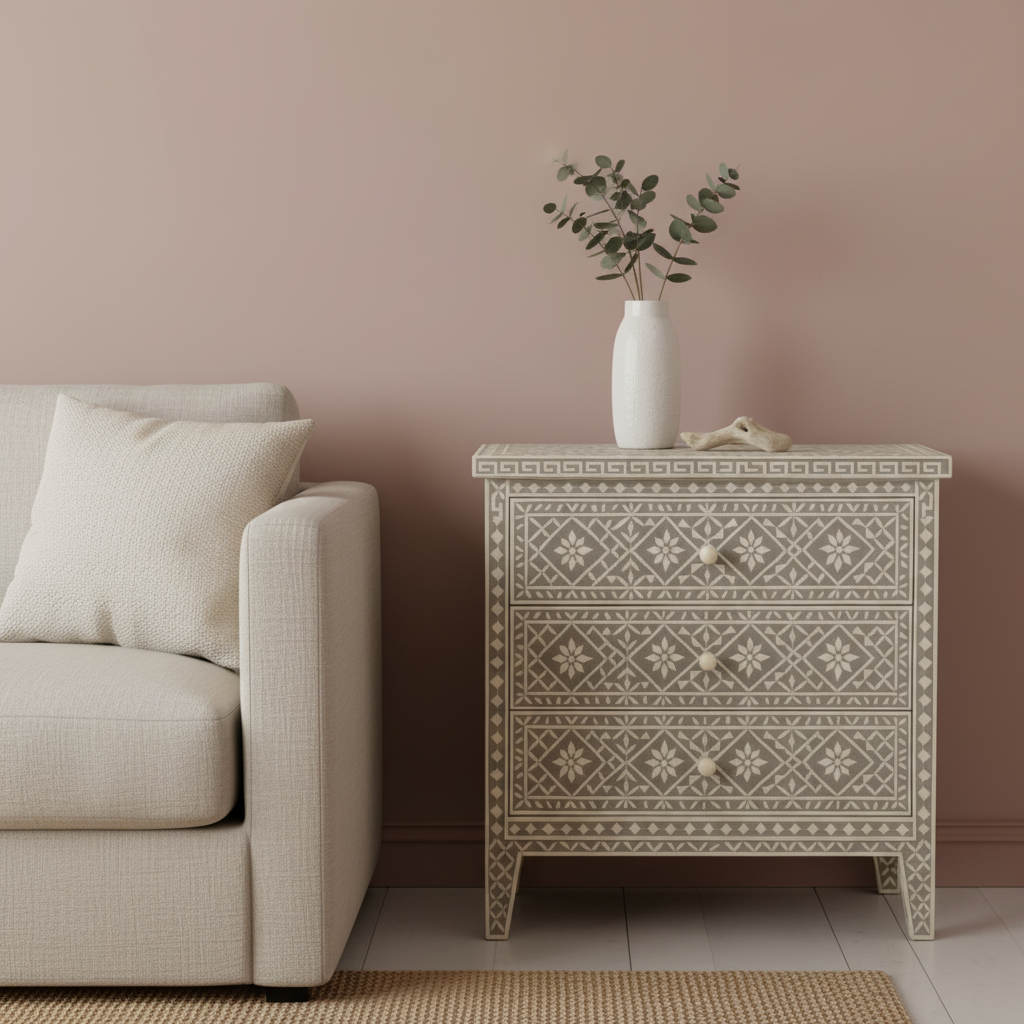 Bone Inlay 3 Drawer Chest : Lilium : Grey