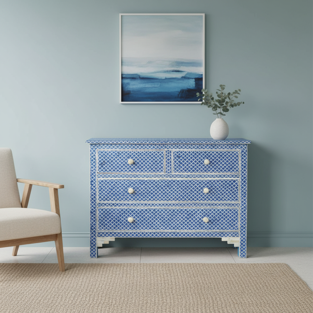 Bone Inlay 4 Drawer Chest : Scallop : Blue