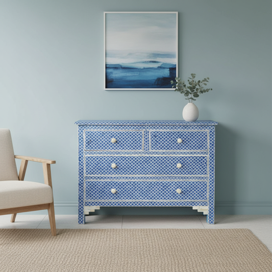 Bone Inlay 4 Drawer Chest : Scallop : Blue