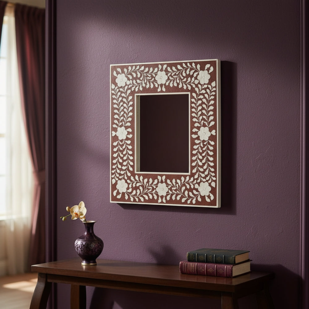 Bone Inlay Square Wall Mirror : Floral : Grey
