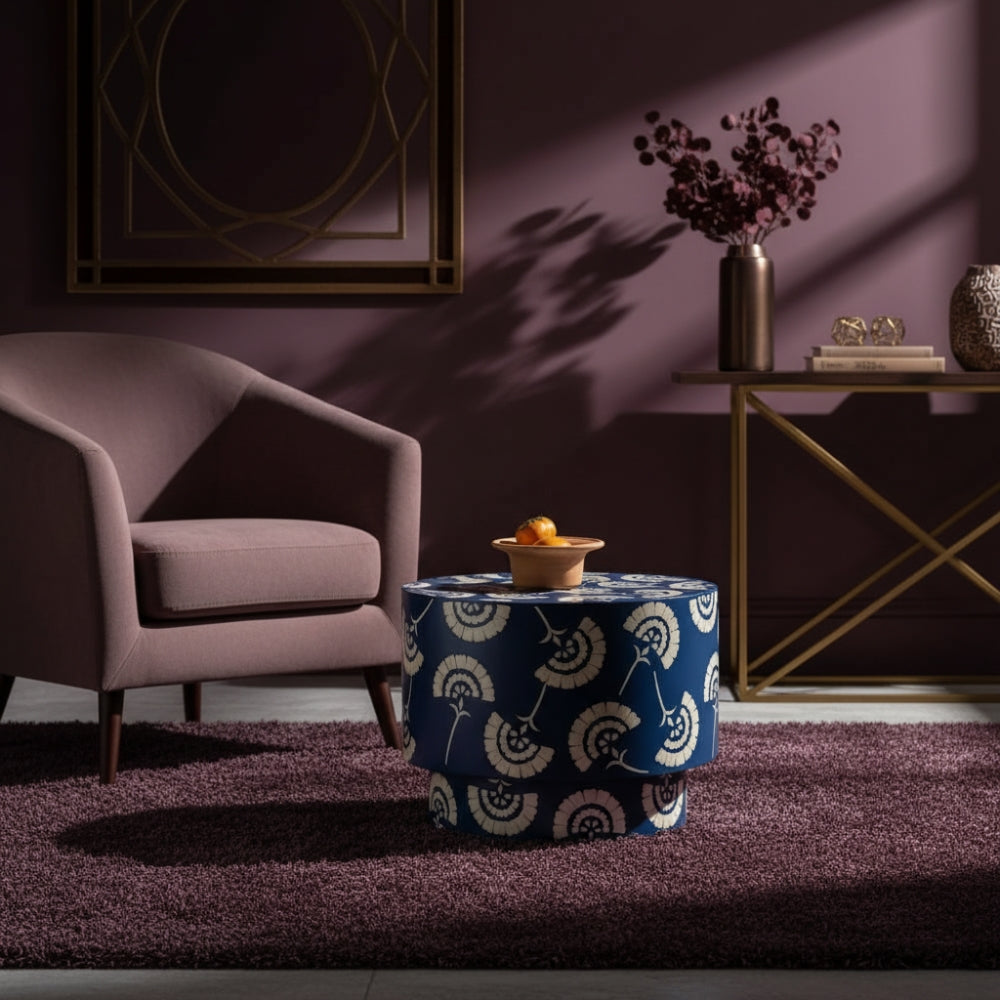 Bone Inlay Round Side Table : Fantail : Navy Blue