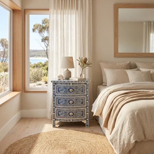Bone Inlay 3 Drawer Bedside Chest : Fern : Marine Blue