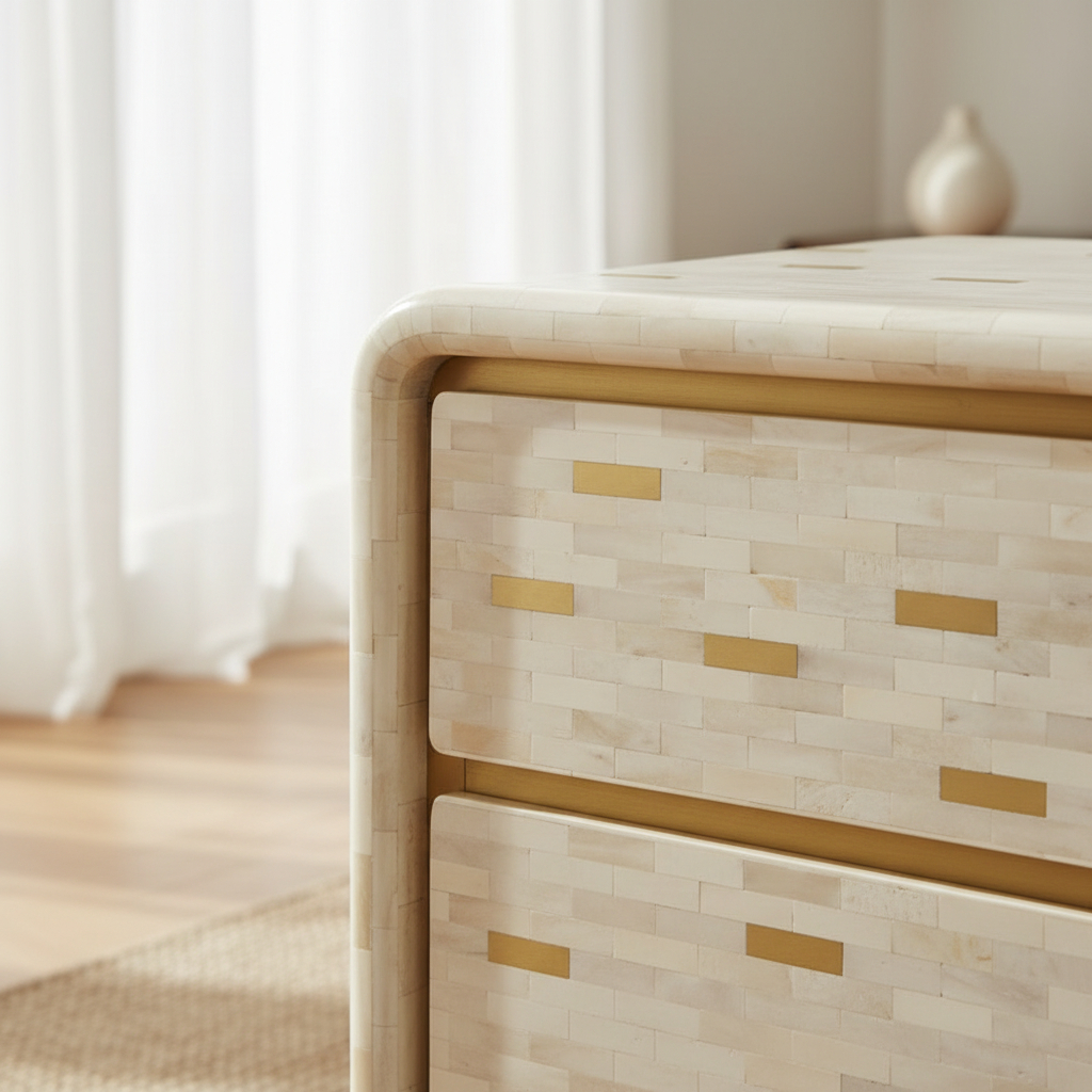 Bone Inlay 2 Drawer Bedside Table : Brickwork with Brass Accent : White