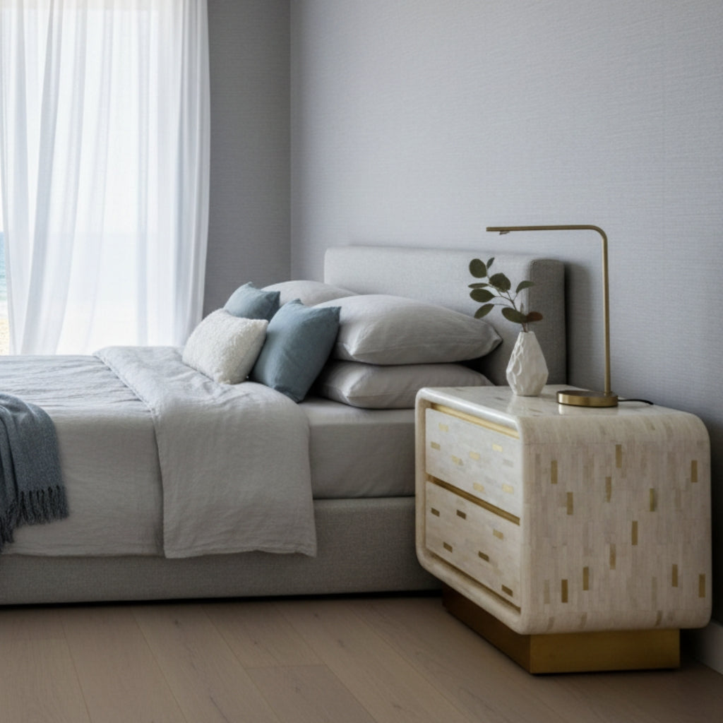 Bone Inlay 2 Drawer Bedside Table : Brickwork with Brass Accent : White