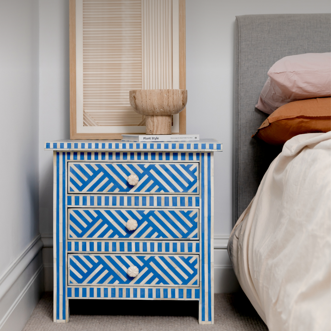 Bone Inlay 3 Drawer Bedside Chest : Criss Cross : Blue