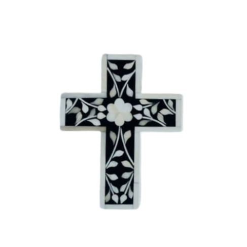 Bone Inlay Small Cross : Floral : Black