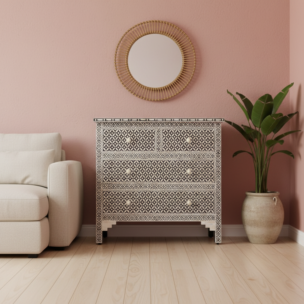 Bone Inlay 4 Drawer Chest : Starburst : Black