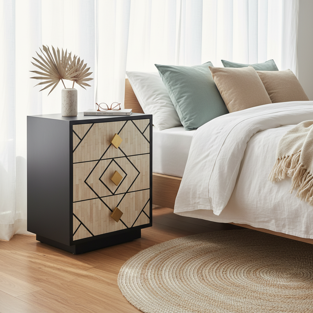 Bone Inlay 3 Drawer Bedside/Side Table : Brickwork : Black & White