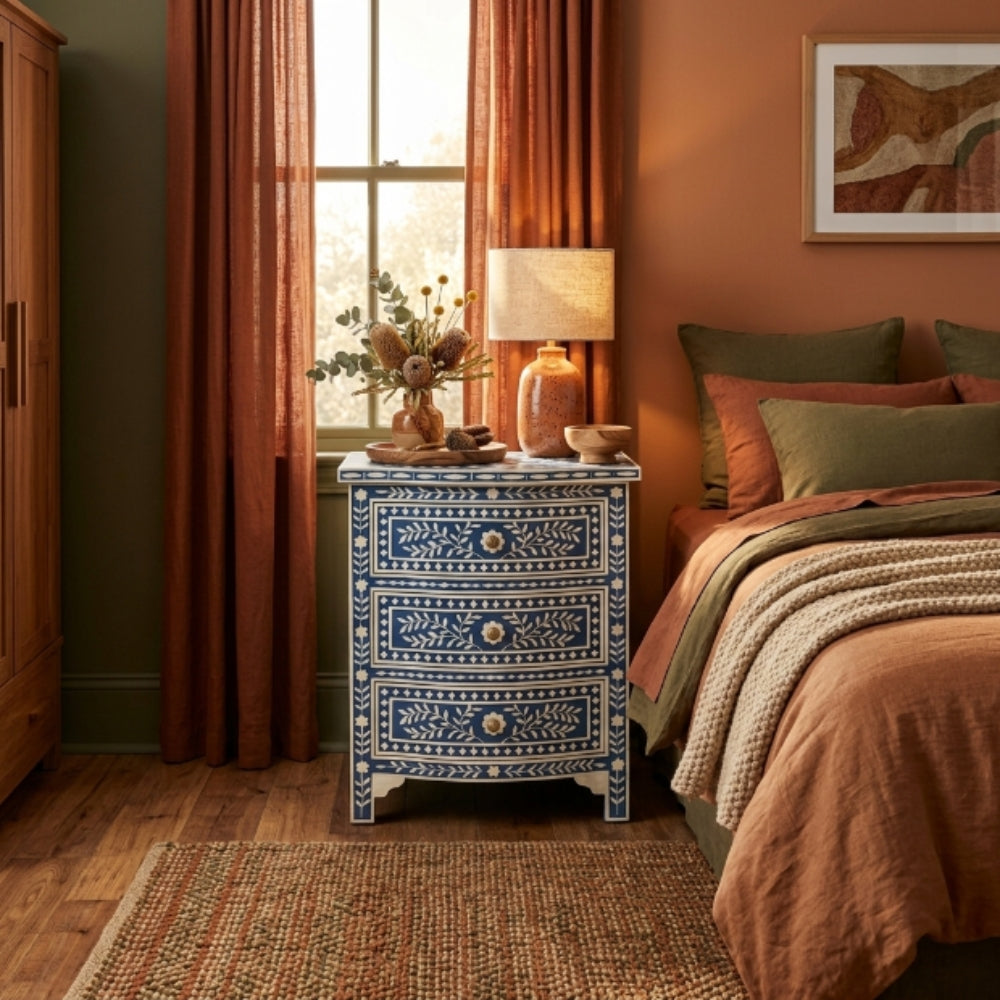 Bone Inlay 3 Drawer Bedside Chest : Fern : Marine Blue