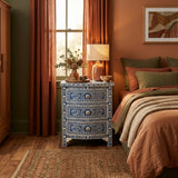 Bone Inlay 3 Drawer Bedside Chest : Fern : Marine Blue