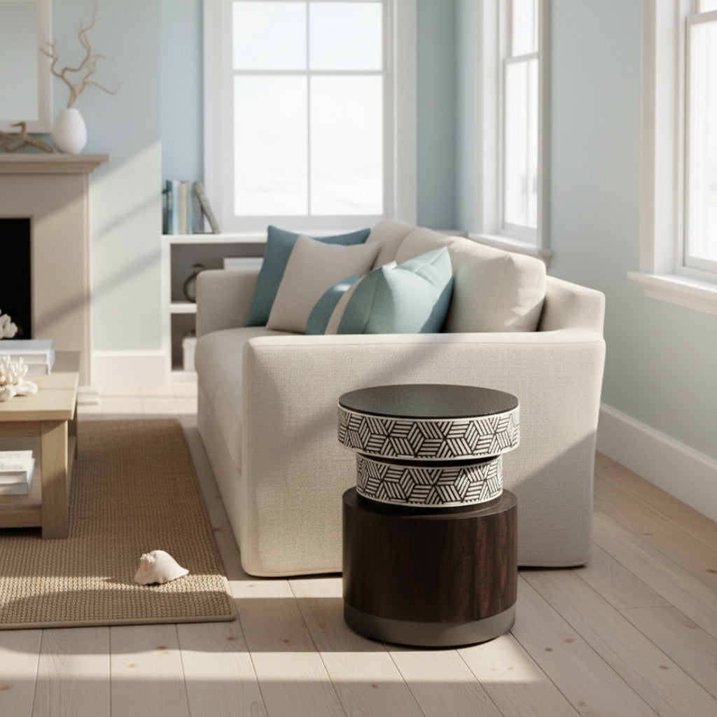 Bone Inlay & Timber Side Table : Criss Cross : Black