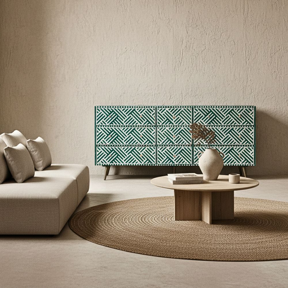 Bone Inlay 9 Drawer Sideboard : Criss Cross : Dark Green
