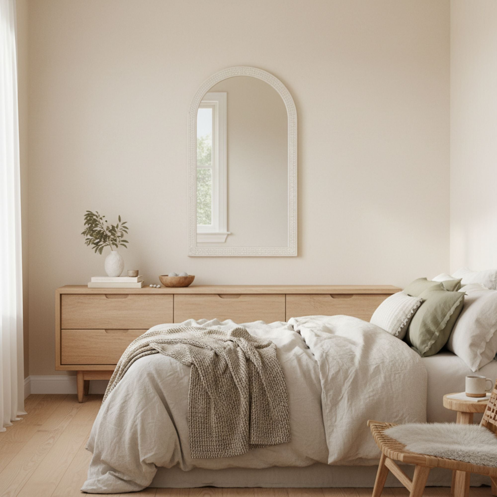 Neatly arranged bedroom with a bed, dresser, and mirror.