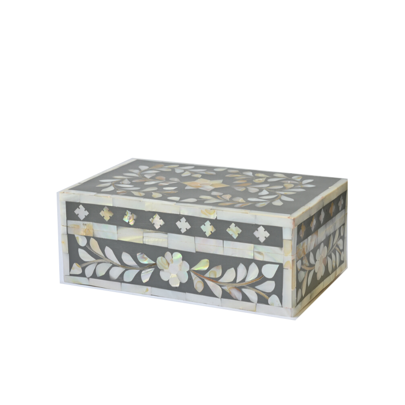 Mother of Pearl Small Gift Box : Floral : Dark Grey