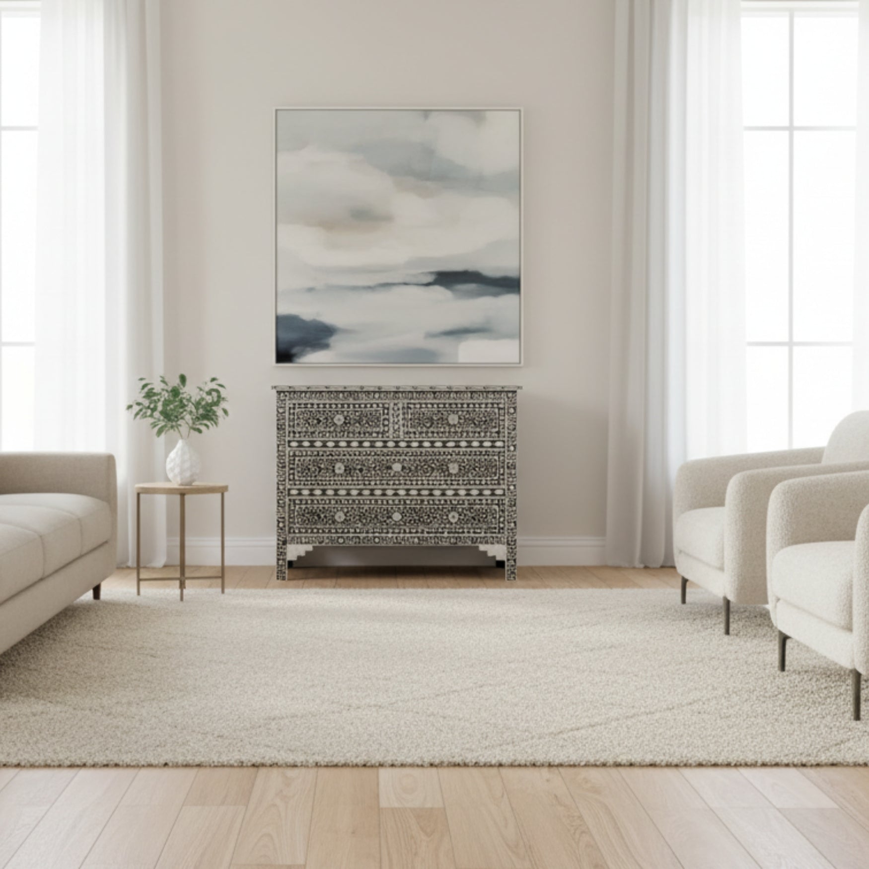 Mother of Pearl Inlay 4 Drawer Chest : Floral : Black