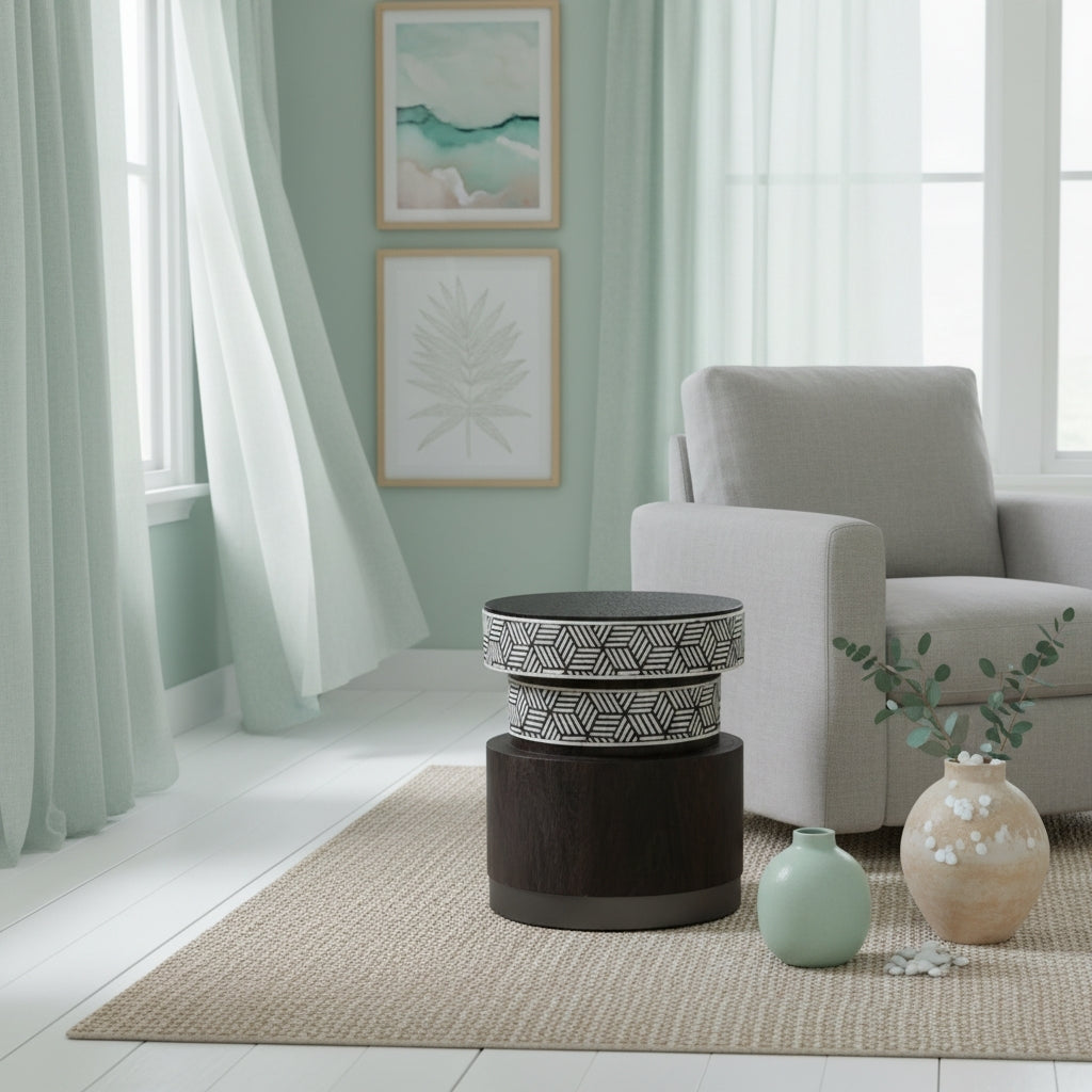 Bone Inlay & Timber Side Table : Criss Cross : Black