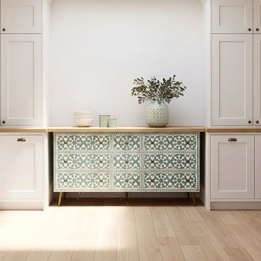 Bone Inlay 9 Drawer Sideboard : Zelliges : Aqua
