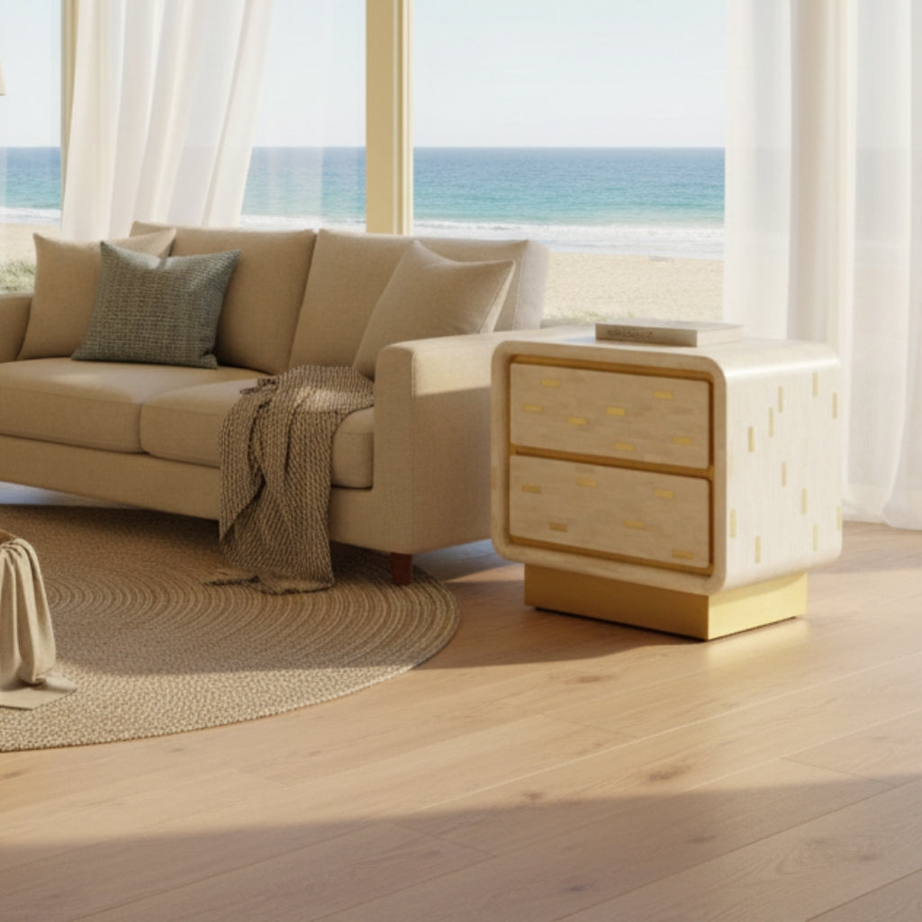 Bone Inlay 2 Drawer Bedside Table : Brickwork with Brass Accent : White