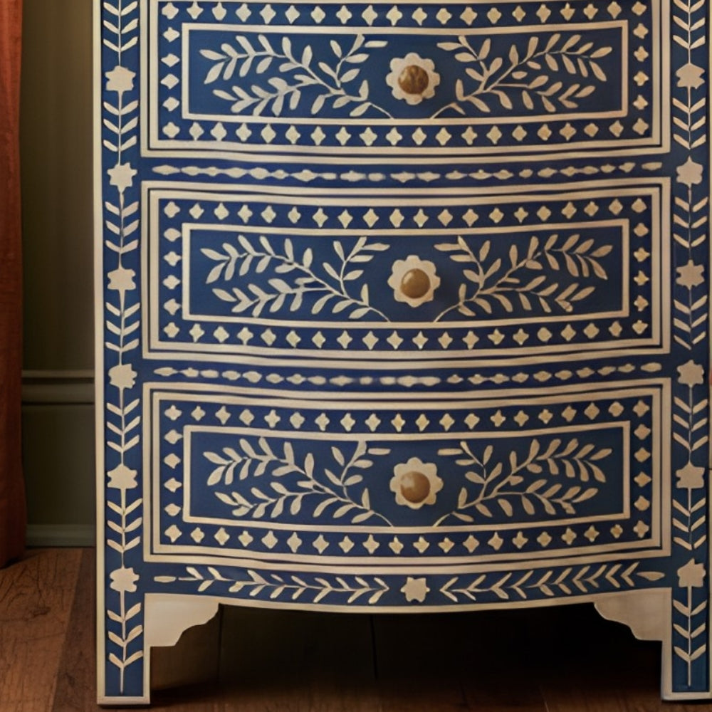 Bone Inlay 3 Drawer Bedside Chest : Fern : Marine Blue