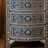 Bone Inlay 3 Drawer Bedside Chest : Fern : Marine Blue