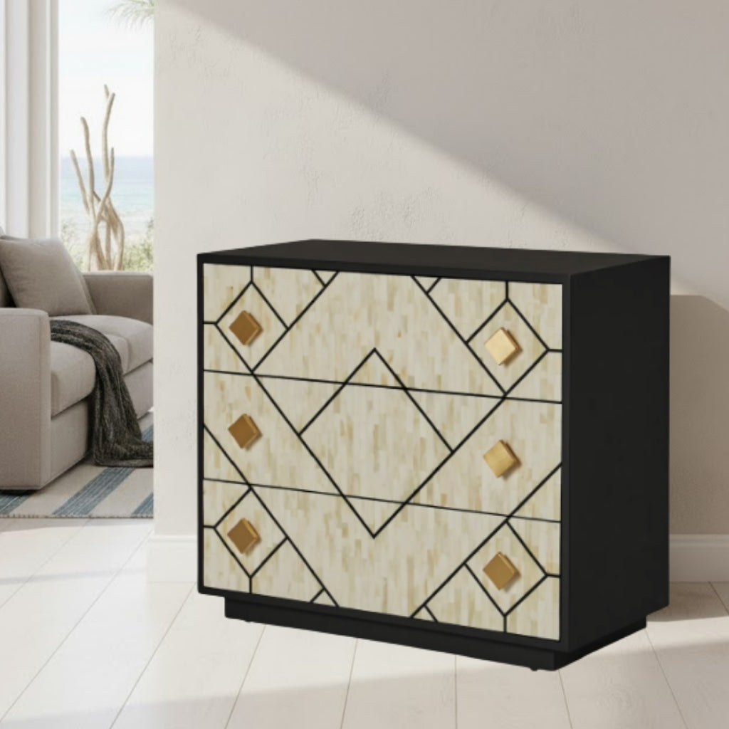 Bone Inlay 3 Drawer Chest : Brickwork : Black & White