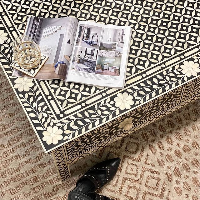 Bone Inlay Rectangular Coffee Table : Floral : Black