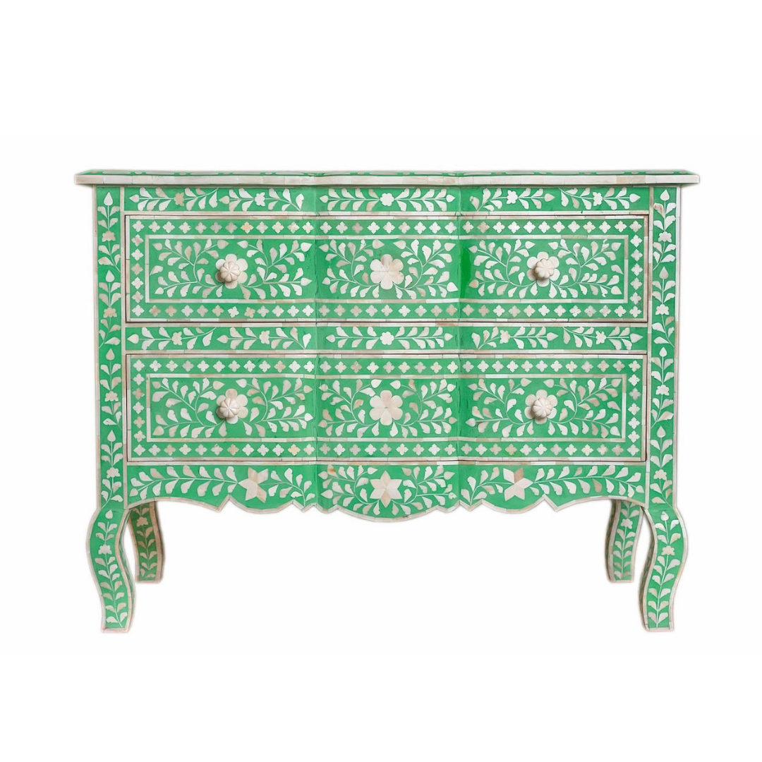 Bone Inlay French 2 Drawer Chest : Floral : Green