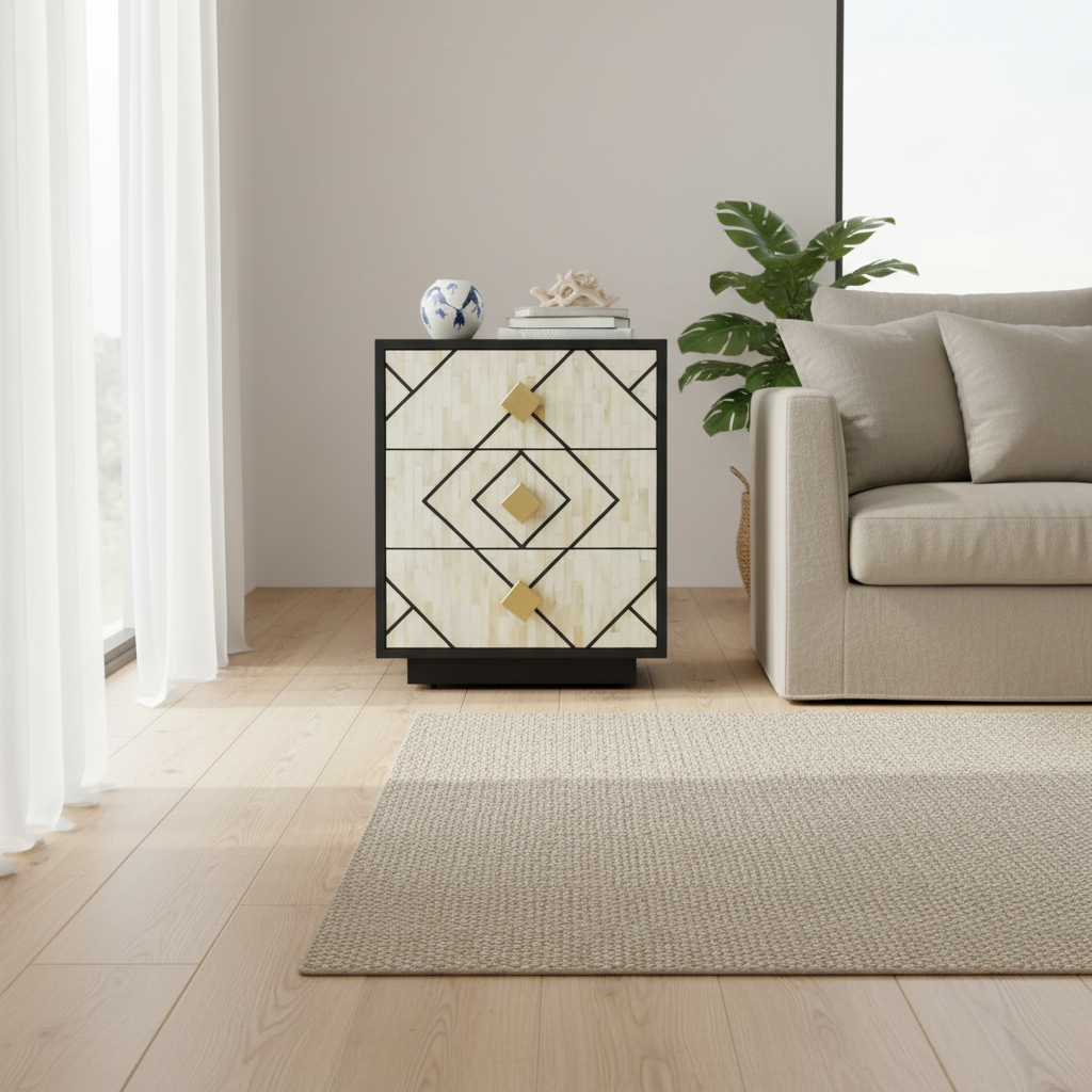 Bone Inlay 3 Drawer Bedside/Side Table : Brickwork : Black & White