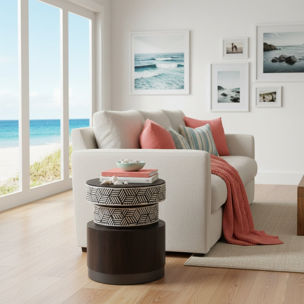 Bone Inlay & Timber Side Table : Criss Cross : Black