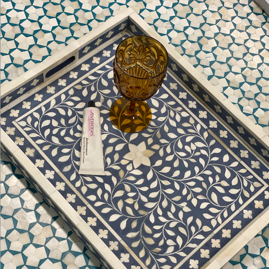 Bone Inlay Rectangular Tray : Floral : Navy Blue