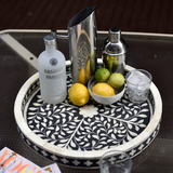 Bone Inlay Round Tray : Floral : Black
