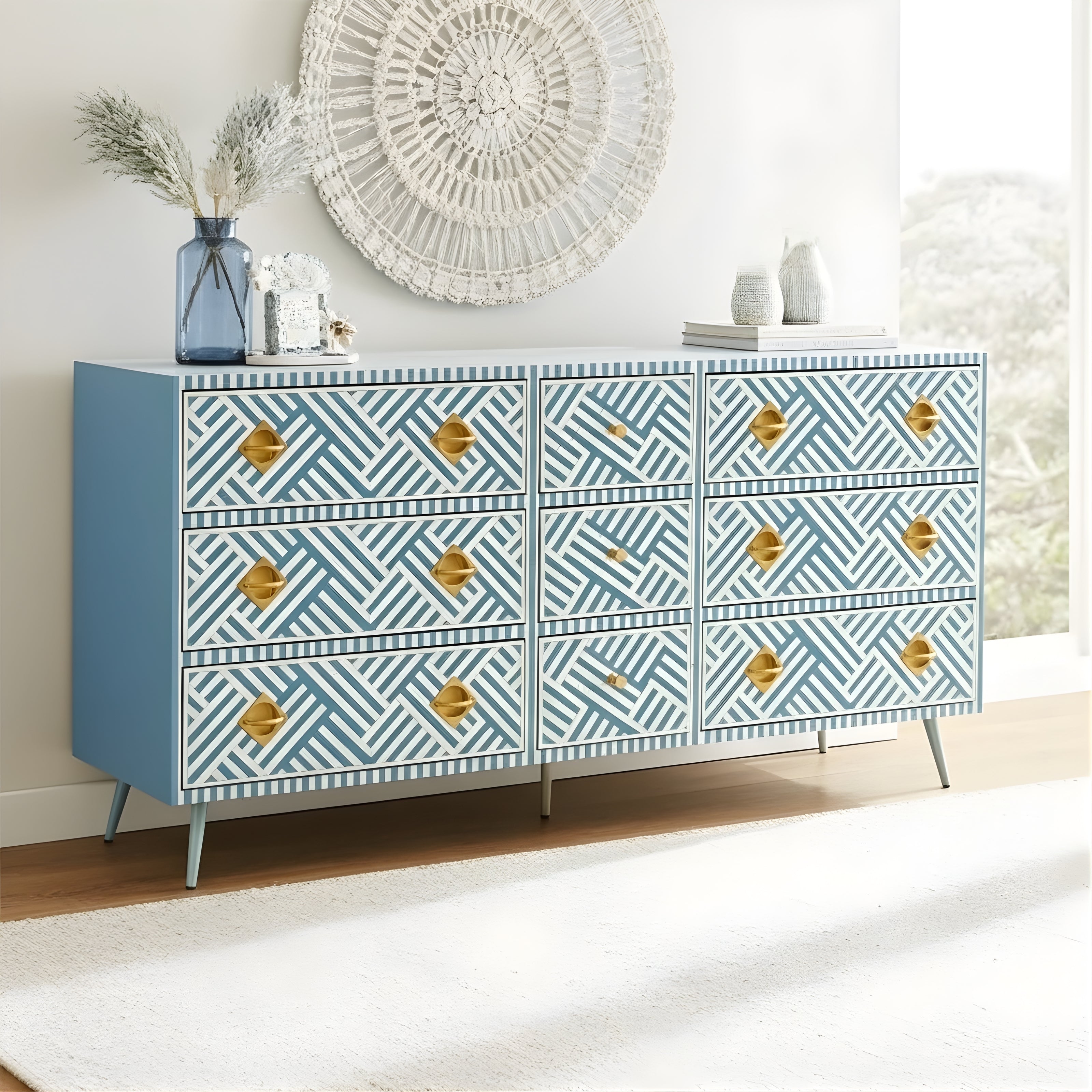 Bone Inlay 9 Drawer Sideboard : Criss Cross : Sky