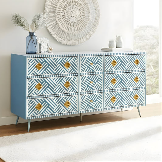 Bone Inlay 9 Drawer Sideboard : Criss Cross : Sky