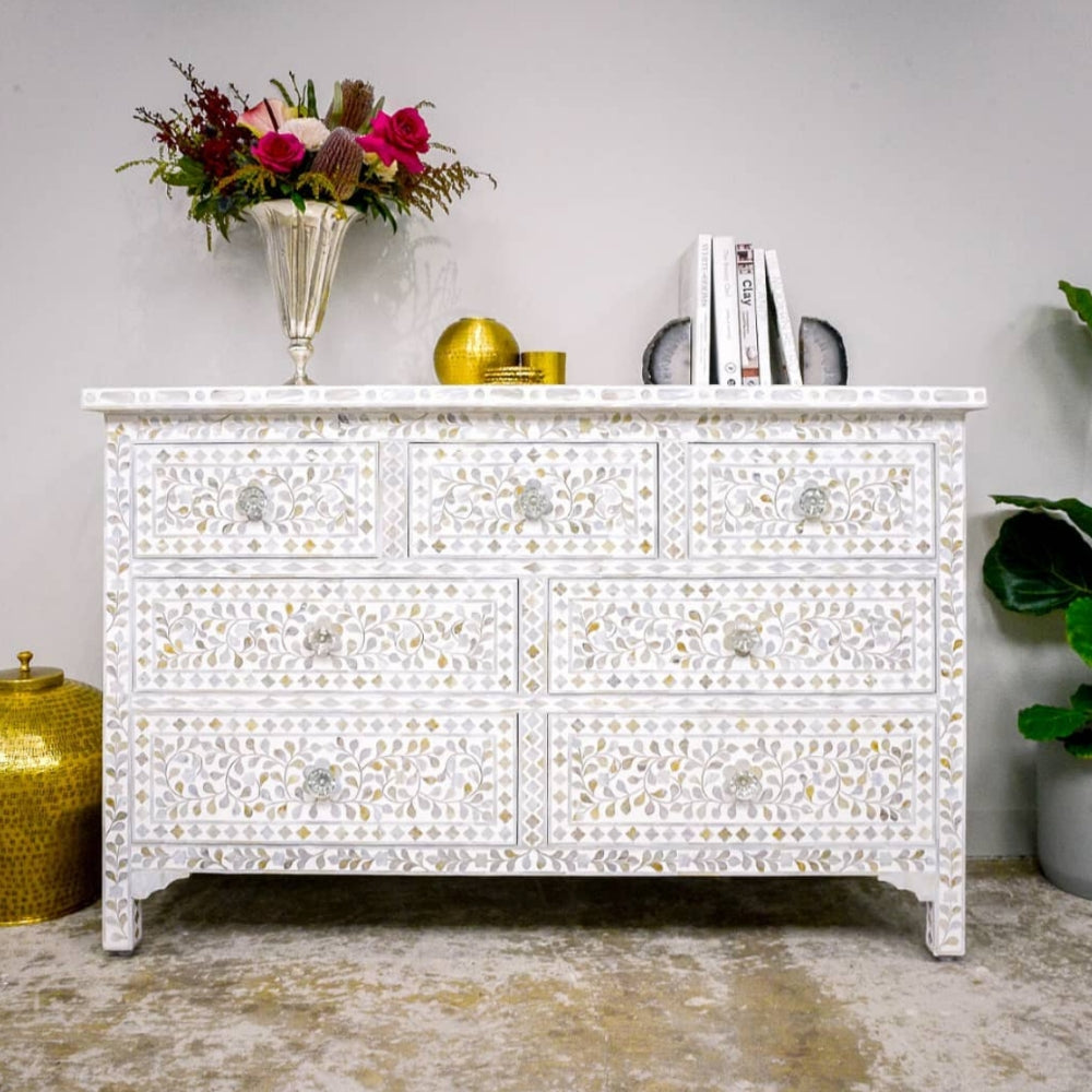 Mother of Pearl Inlay 7 Drawer Chest : Floral : White