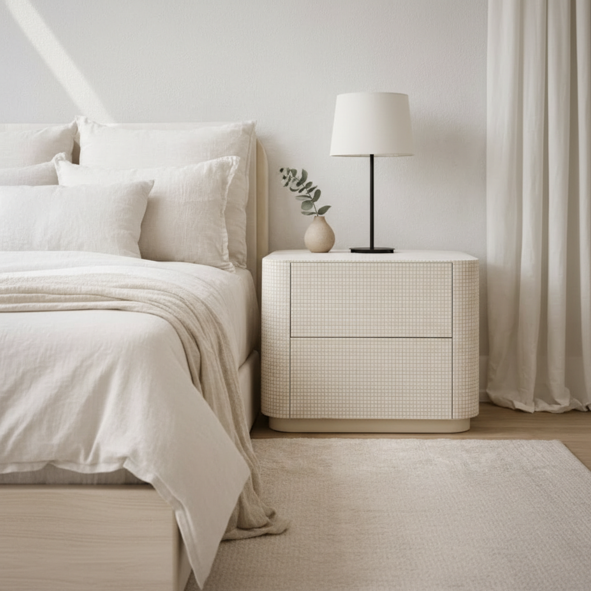 Neatly made bed with white bedding next to a matching nightstand in a bedroom setting.