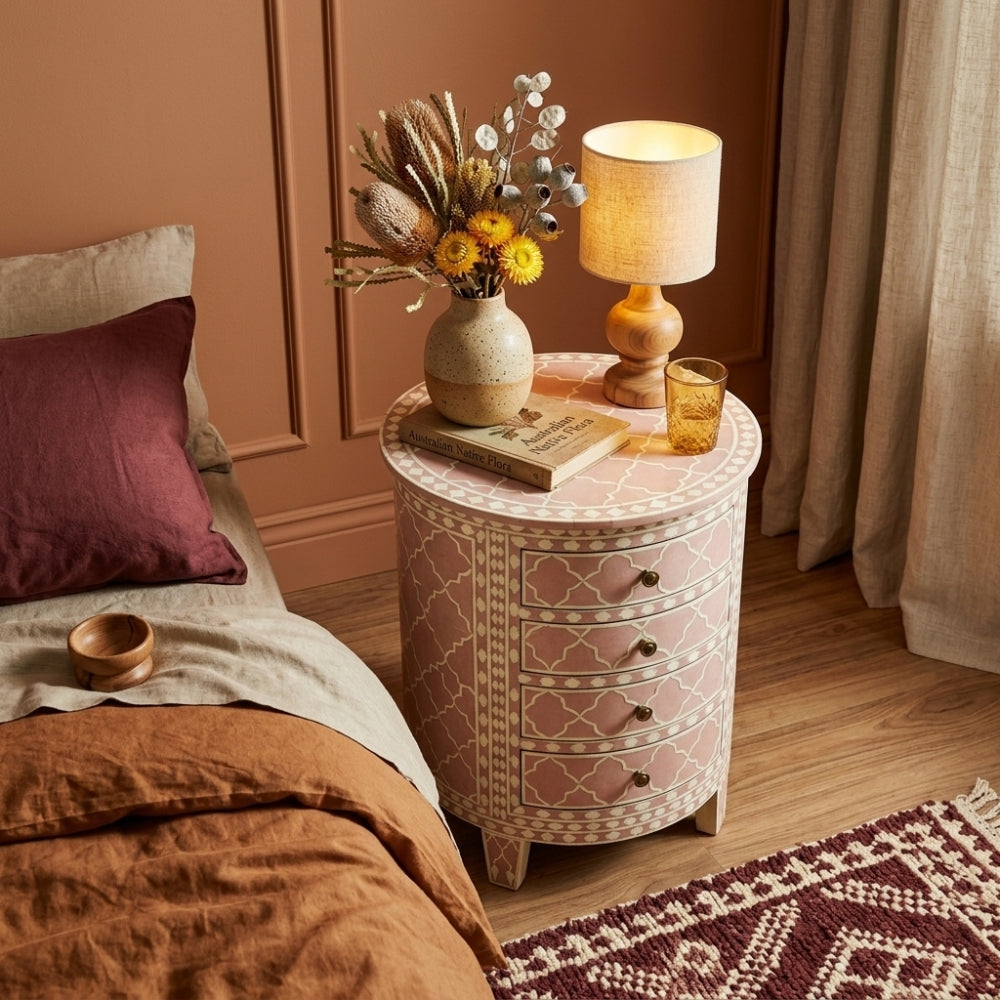 Bone Inlay Round Side Table : Lahore : Blush