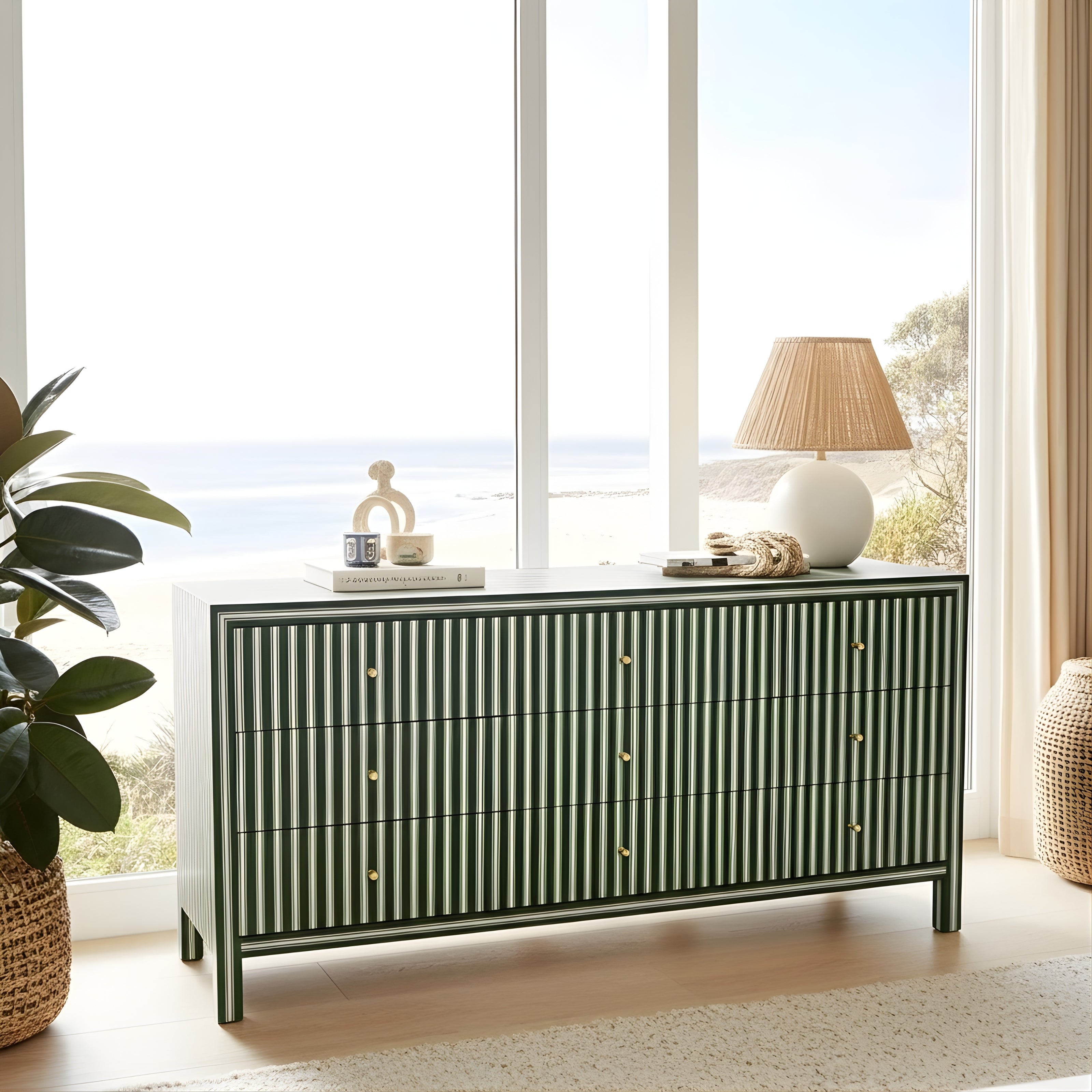 Bone Inlay 9 Drawer Sideboard : Pinstripe : Green