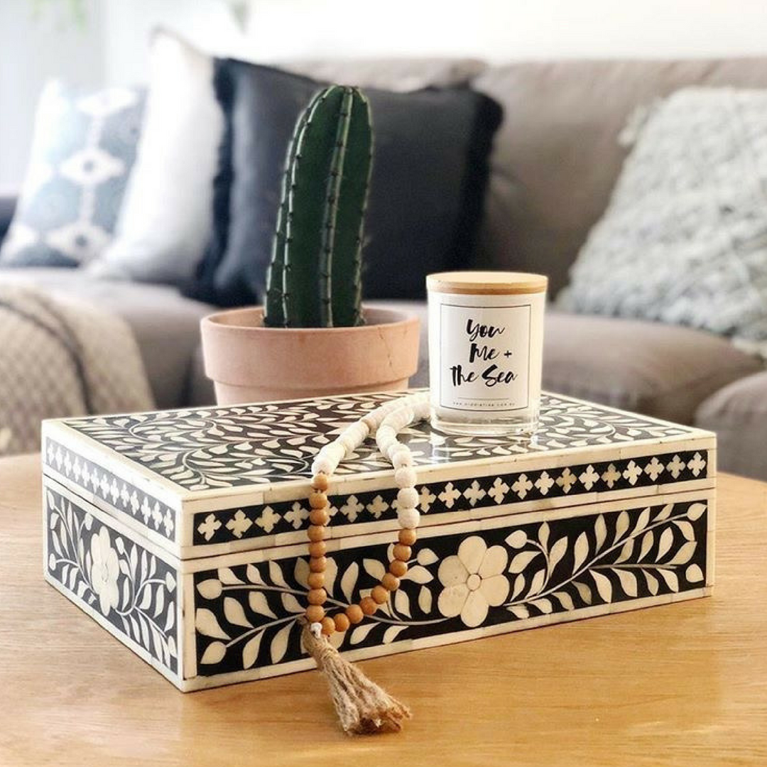 Bone Inlay Large Box : Floral : Black