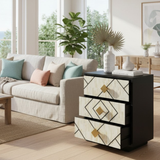 Bone Inlay 3 Drawer Bedside/Side Table : Brickwork : Black & White