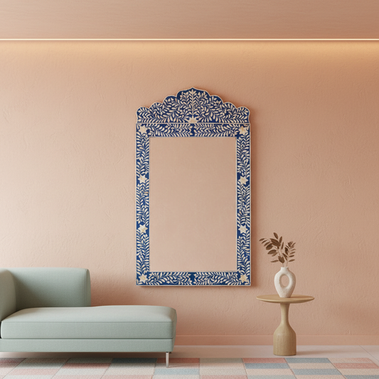 Bone Inlay Crested Mirror : Floral : Blue