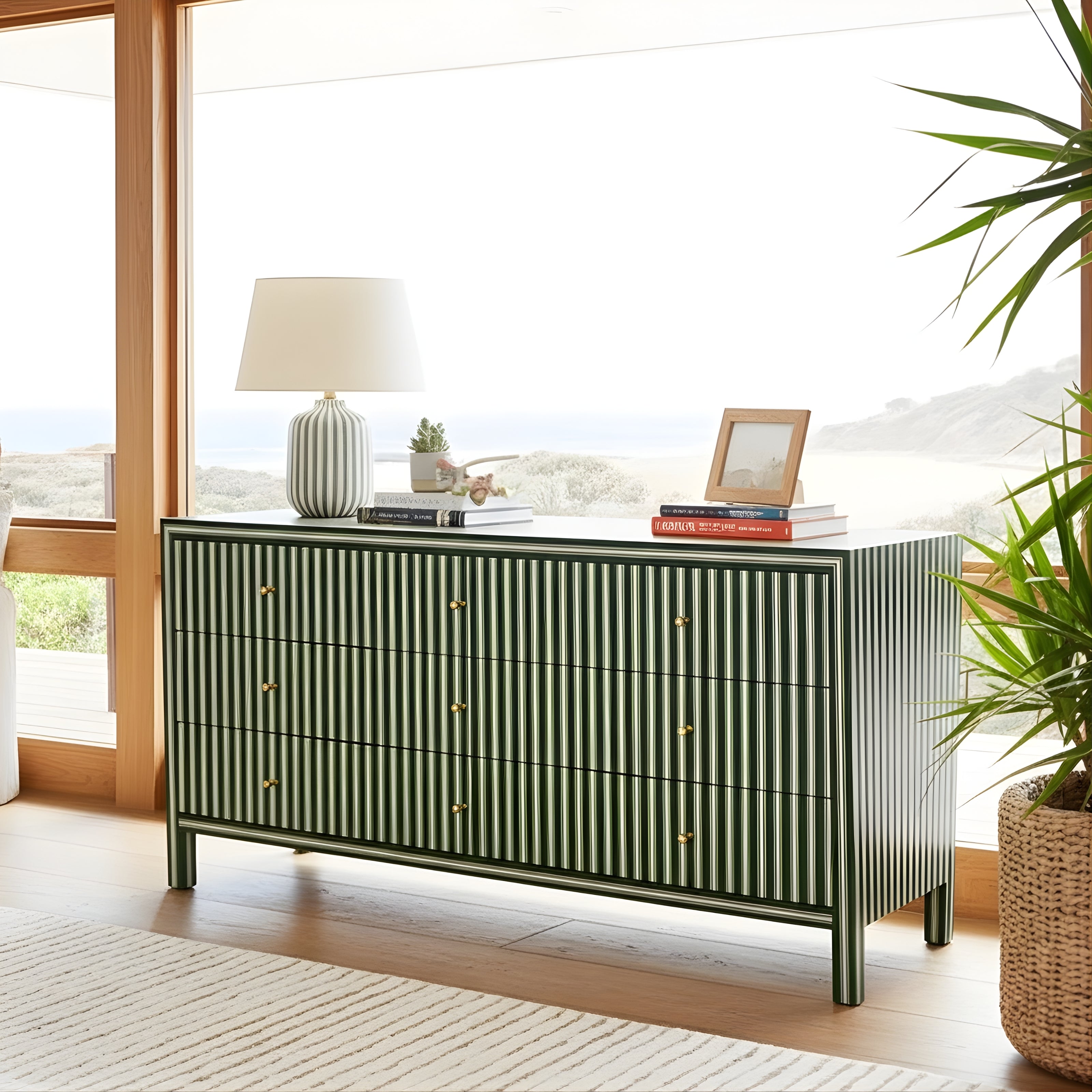 Bone Inlay 9 Drawer Sideboard : Pinstripe : Green