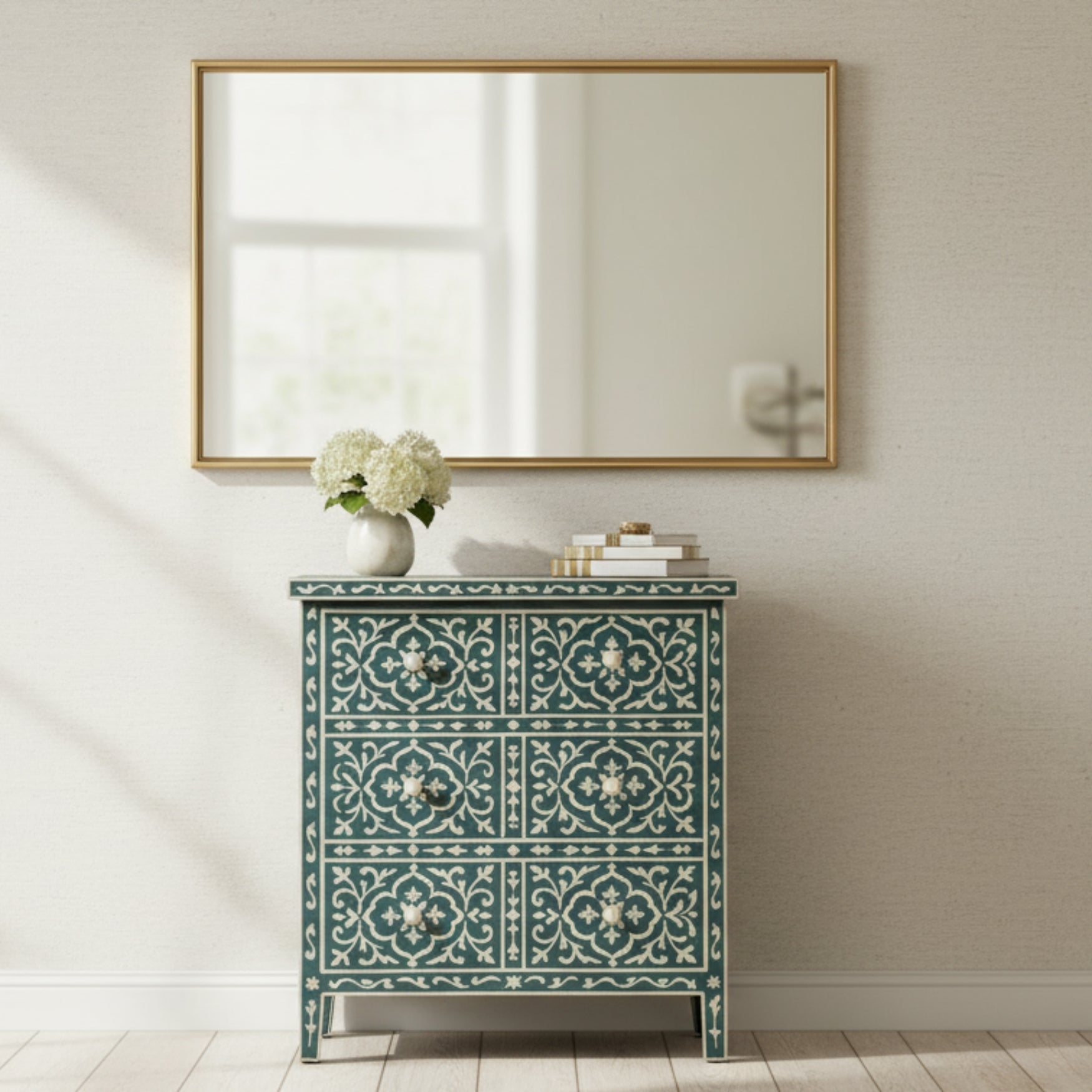 Bone Inlay 3 Drawer Chest : Damask : Teal